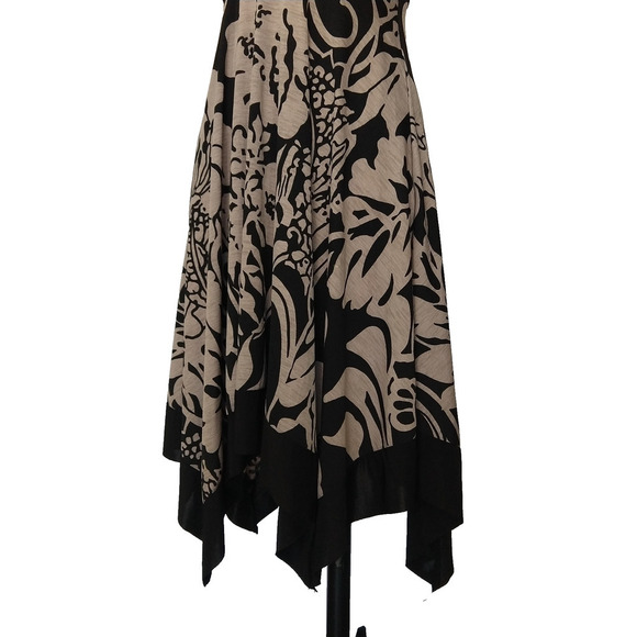 Vintage Y2K Fairy Midi Dress Size S Black Tan Floral V Neck Asymmetric Hem - Picture 6 of 11